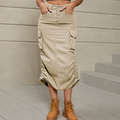 Drawstring Ruched Slit Denim Midi Skirt Trendsi 99b2b54822024a1fbebaab26cbc6f6b2-Max