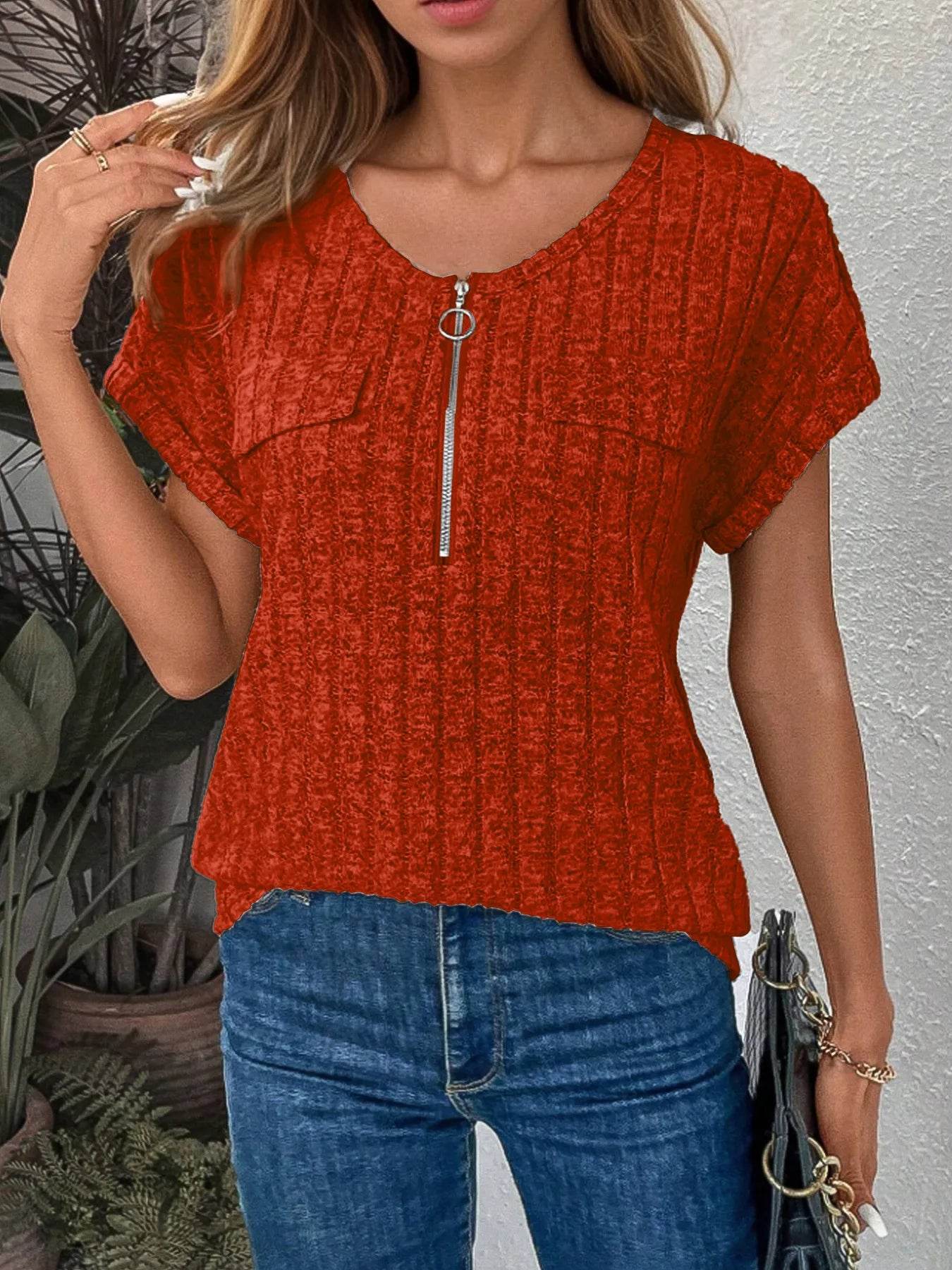 Zip-Front Short Sleeve T-Shirt Trendsi 99c4df5500284bf2a74ccc075d446284-Max-Origin