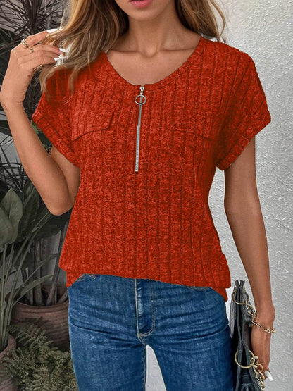Zip-Front Short Sleeve T-Shirt Trendsi 99c4df5500284bf2a74ccc075d446284-Max-Origin