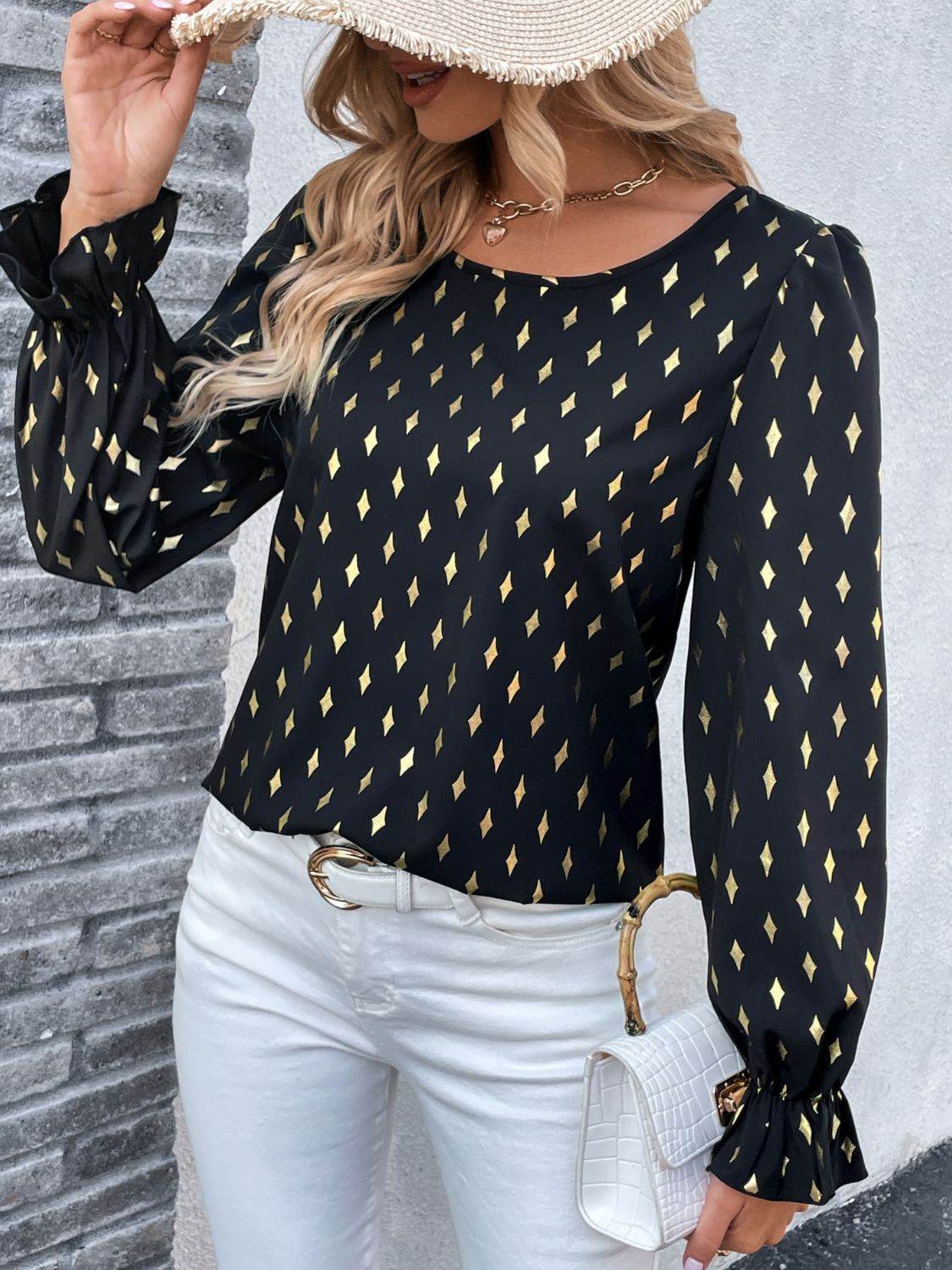 Perfee Printed Round Neck Flounce Sleeve Blouse Trendsi 99f7454fa9fa42e8b069f85c3d045081-Max