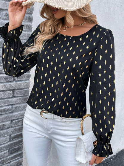 Perfee Printed Round Neck Flounce Sleeve Blouse Trendsi 99f7454fa9fa42e8b069f85c3d045081-Max