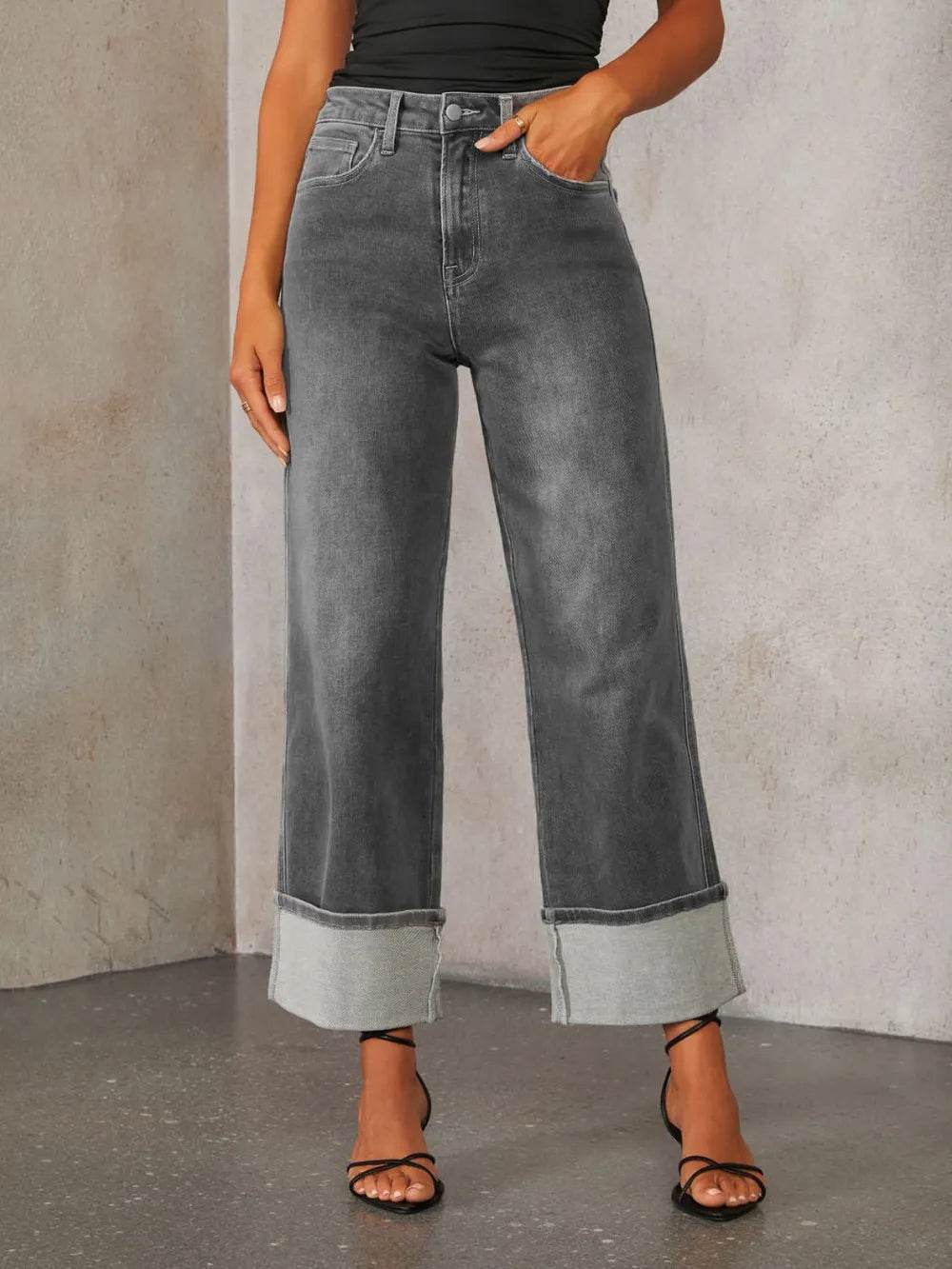 High Waisted Straight Leg Rolled Jeans Trendsi 9a3b7acd-7c7c-4672-9cfd-b32ad0ac63d8-Max