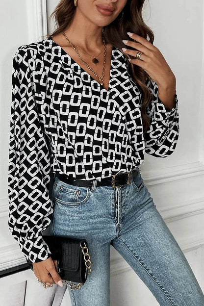 Perfee Geometric V-Neck Long Sleeve Blouse Trendsi 9a3d1ec453d4438da9de2c7b5fcce7b9-Max