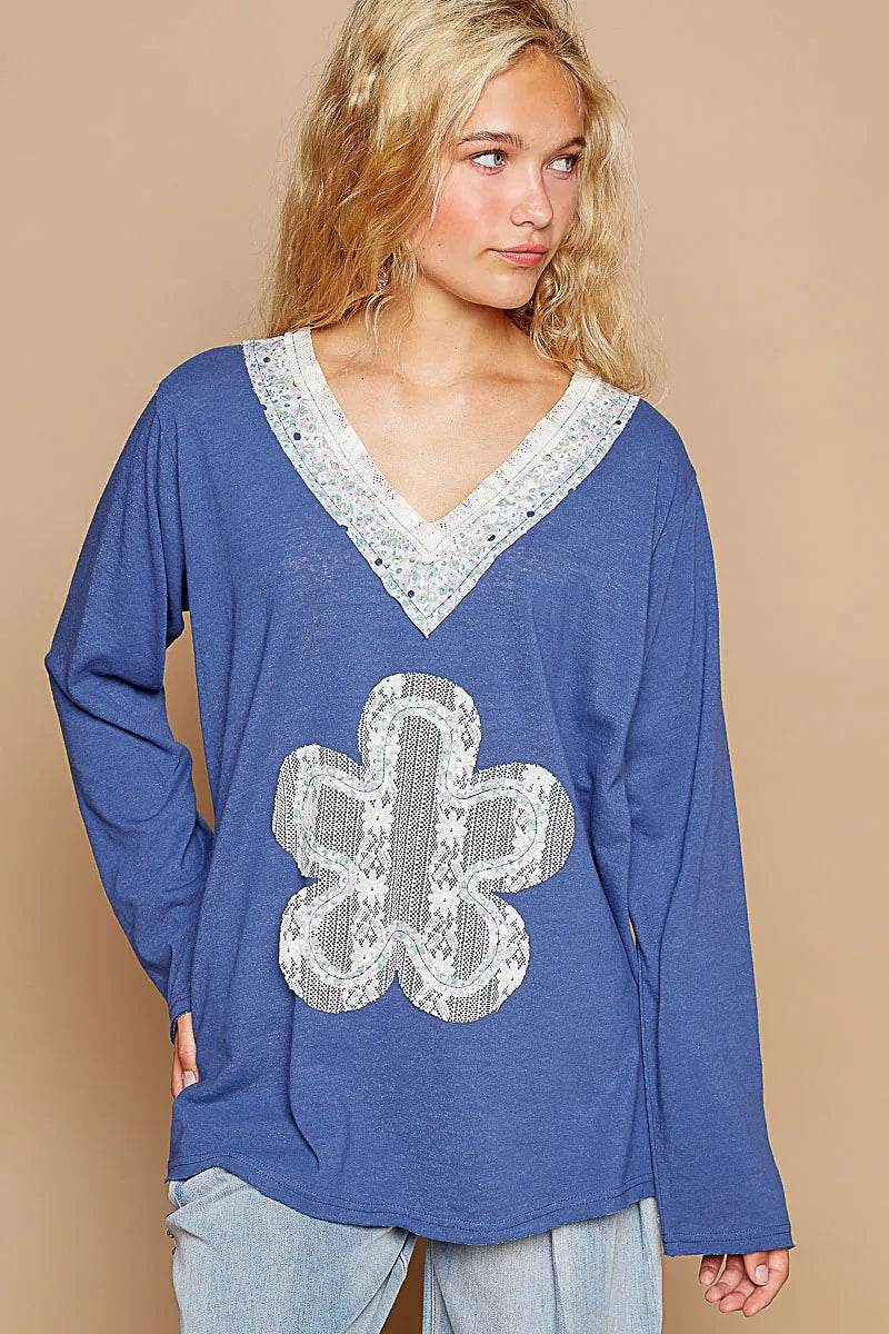 POL Lace Flower Patch Long Sleeve T-Shirt Royal Blue Trendsi 9a428532-c9b5-4fbb-87ef-a1ce87d5c5fc-Max-Origin