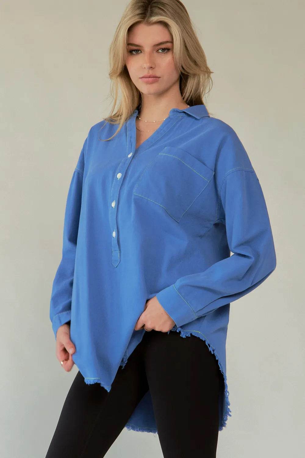 Davi & Dani Letter Back Raw Hem Half Button Shirt Trendsi 9a57aba2-bd29-4027-b59d-bf1894588b46-Max
