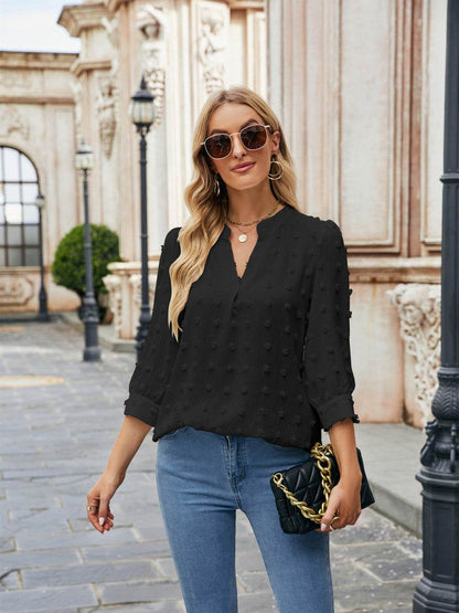 Swiss Dot Notched Neck Blouse Trendsi 9a5bdee320a74a73b8705a1157cec2d8-Max