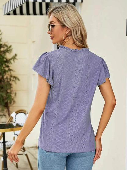 Eyelet Notched Short Sleeve T-Shirt Trendsi 9a6369cd32cf4ac7817814bbb3db0607-Max-Origin