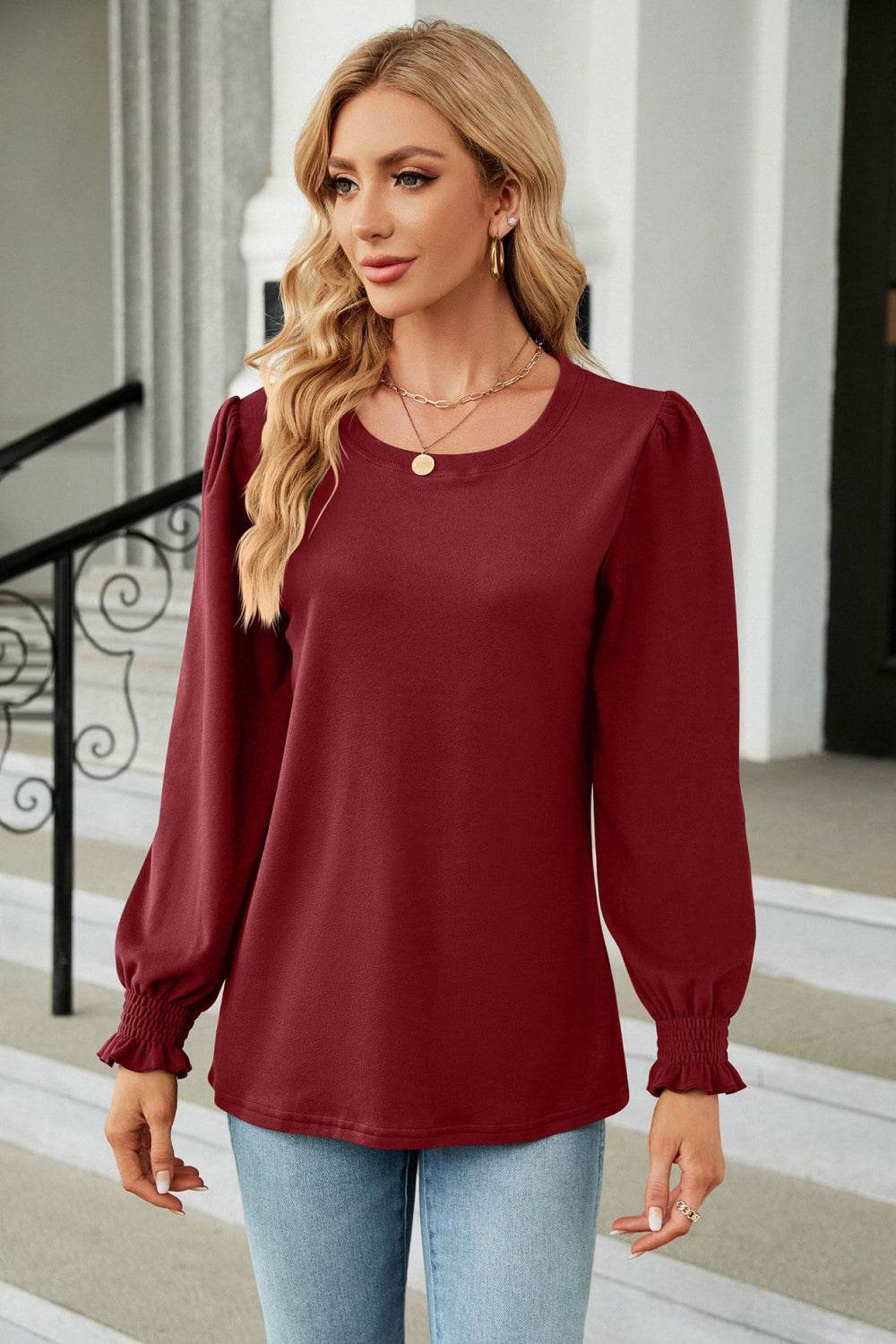 Round Neck Smocked Flounce Sleeve Blouse Trendsi 9a65fe1438cd4b53915c9585d5d7e10f-Max