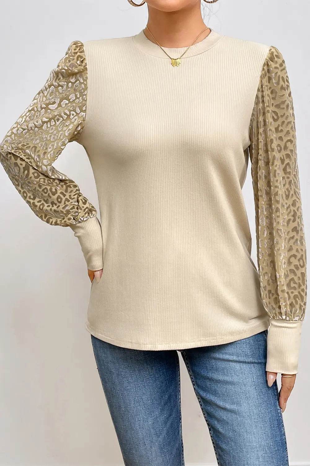 Leopard Print Long Sleeve Ribbed Knit Blouse Trendsi 9a6b7479ee834365b5df8e395eafc6df-Max