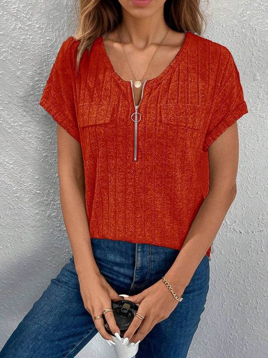 Zip-Front Short Sleeve T-Shirt Orange-Red Trendsi 9a7819adfdd84be5a267660f840ceff5-Max-Origin