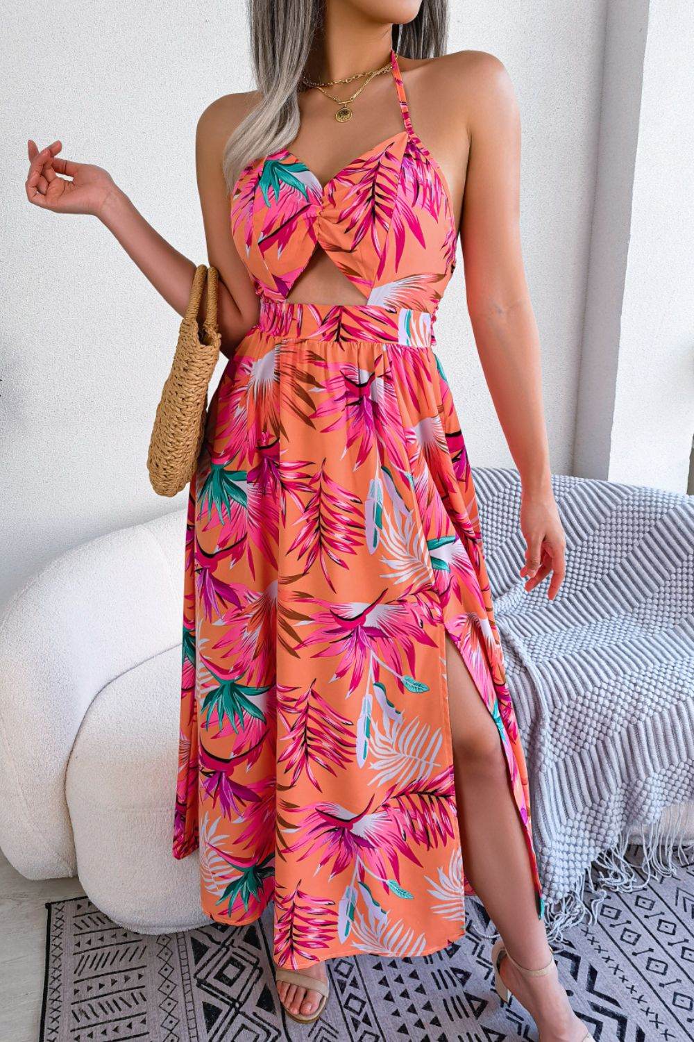 Botanical Print Tied Backless Cutout Slit Dress Orange Trendsi 9a8c7511167c41c9ae2bc092a04a9b42-Max