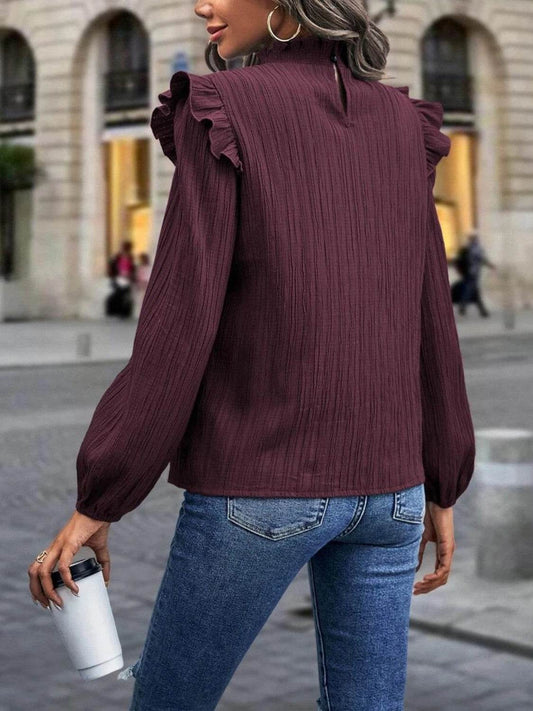 Mock Neck Ruffle Shoulder Blouse Trendsi 9a91ee8567464dabb0f468e347590f53-Max