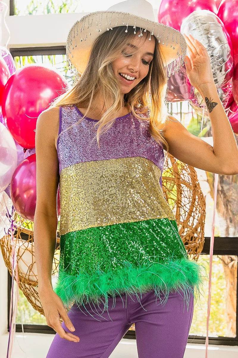 BiBi Mardi Gras Color Block Faux Feather Hem Sequin Top Trendsi 9aa4e6e754e247fa8f0a485008af8310-Max-Origin