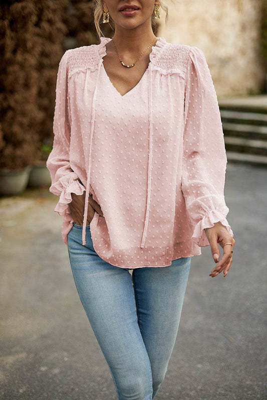Devine Swiss Dot Smocked Shoulder Blouse Blush Pink Trendsi 9ac86336590143d59fedf3ffef9596c8-Max