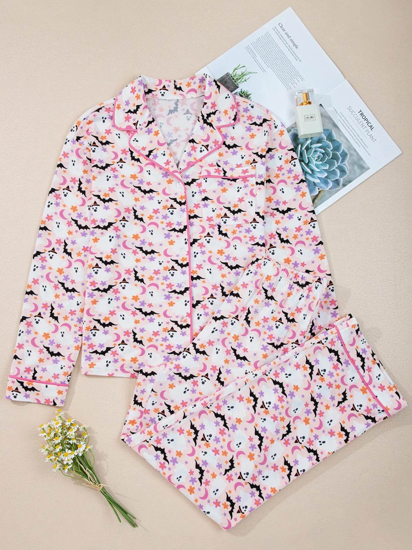 Halloween Ghost Print Button Up Top and Pants Lounge Set Trendsi 9ae6cea8d9b841c9b2ef514ac2b71fbd-Max-Origin
