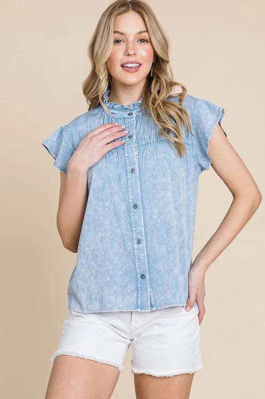 Lime 'N' Chili Mineral Wash Flutter Sleeve Button Down Shirt Trendsi 9b010836-5995-468a-aa1f-d50f83ccd7c2-Max