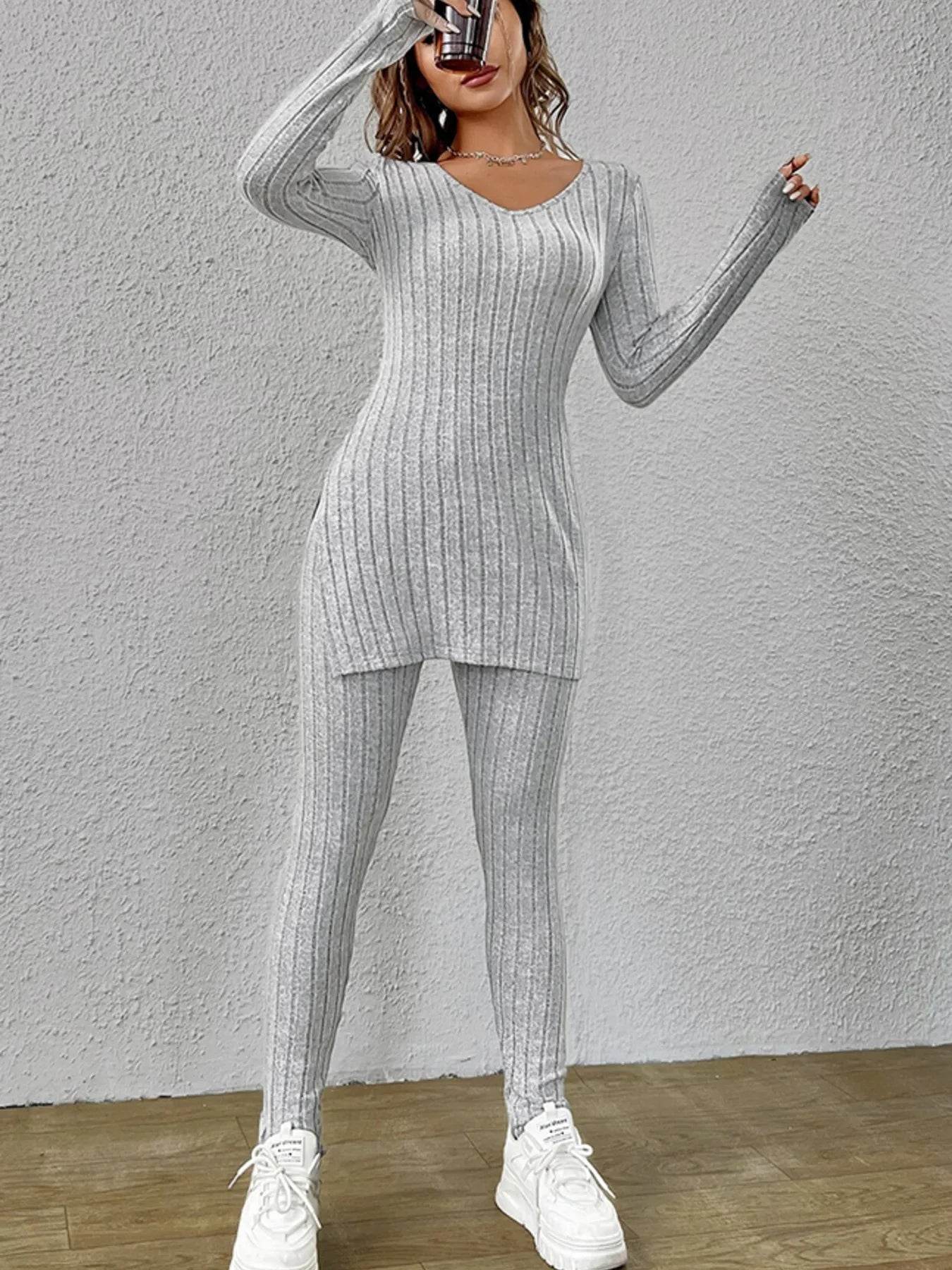 Slit V-Neck Ribbed Top and Pants Set Trendsi 9b12aa55973048adb1648defb58829bc-Max-Origin