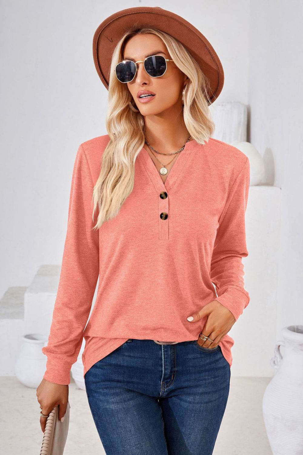 V-Neck Buttoned Long Sleeve Blouse Trendsi 9b19c4eb496543bab37c30dabe85b416-Max