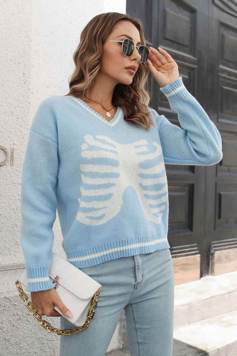 Skeleton Pattern V-Neck Long Sleeve Pullover Sweater Trendsi 9b2156ef07a24fa08b82d551ca68f084-Max
