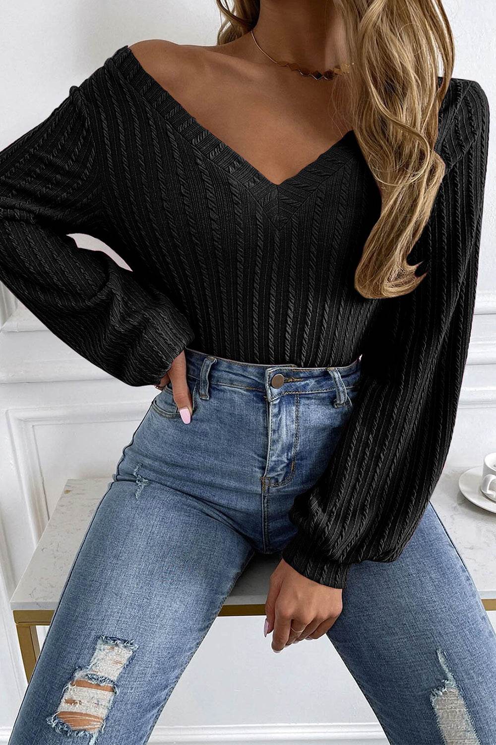 V-Neck Long Sleeve Knit Top Trendsi 9b2f765951f541b3b344623172b2207a-Max
