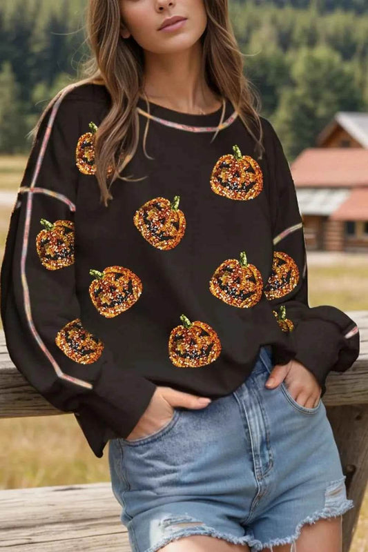 Sequin Pumpkin Round Neck Long Sleeve Sweatshirt Black Trendsi 9b366da1-c665-4c9d-8a22-d3240a8b53d2-Max
