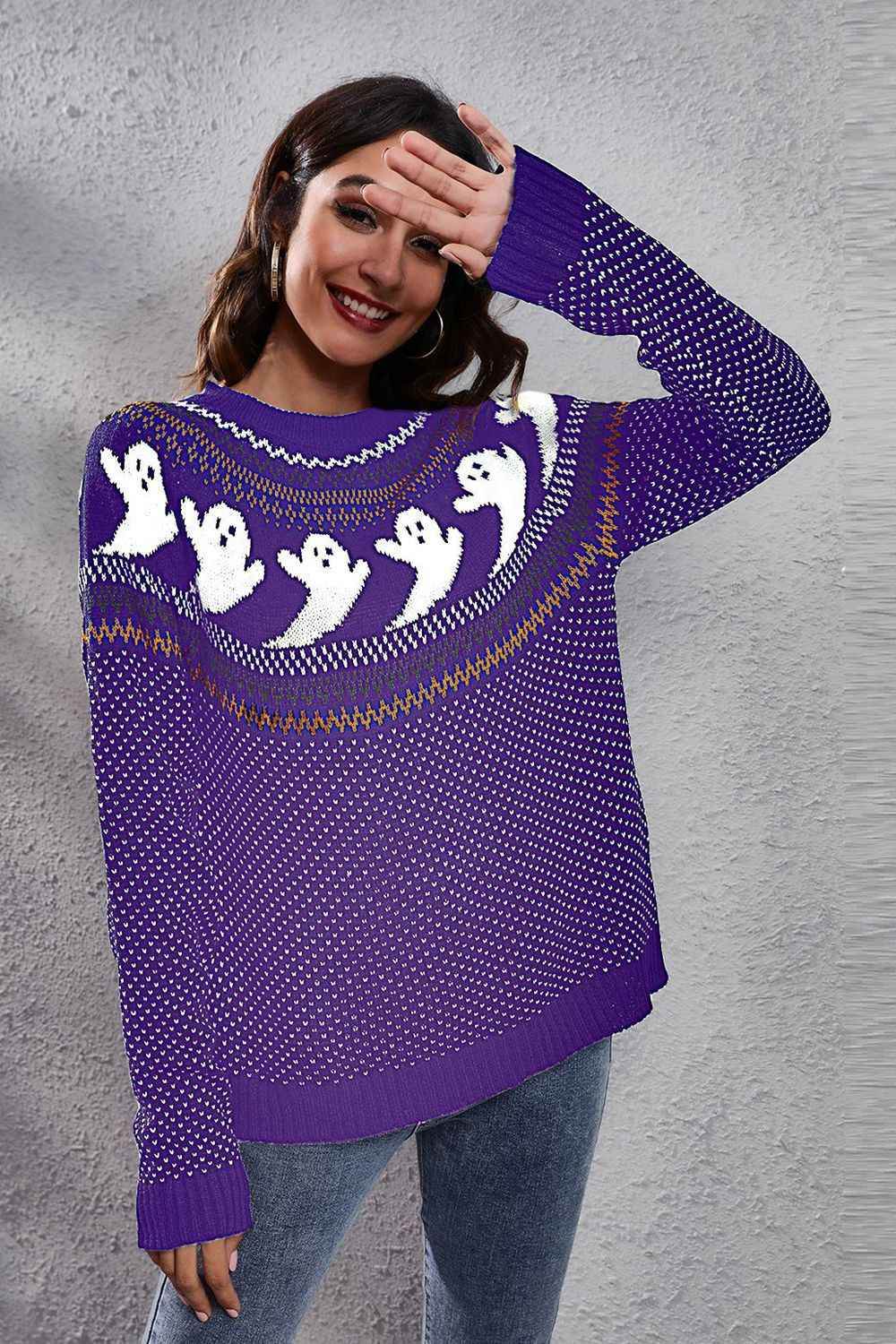 Ghost Pattern Round Neck Long Sleeve Sweater Light Indigo Trendsi 9b3ac9a2f5d843ad9089ace3cd62cdae-Max
