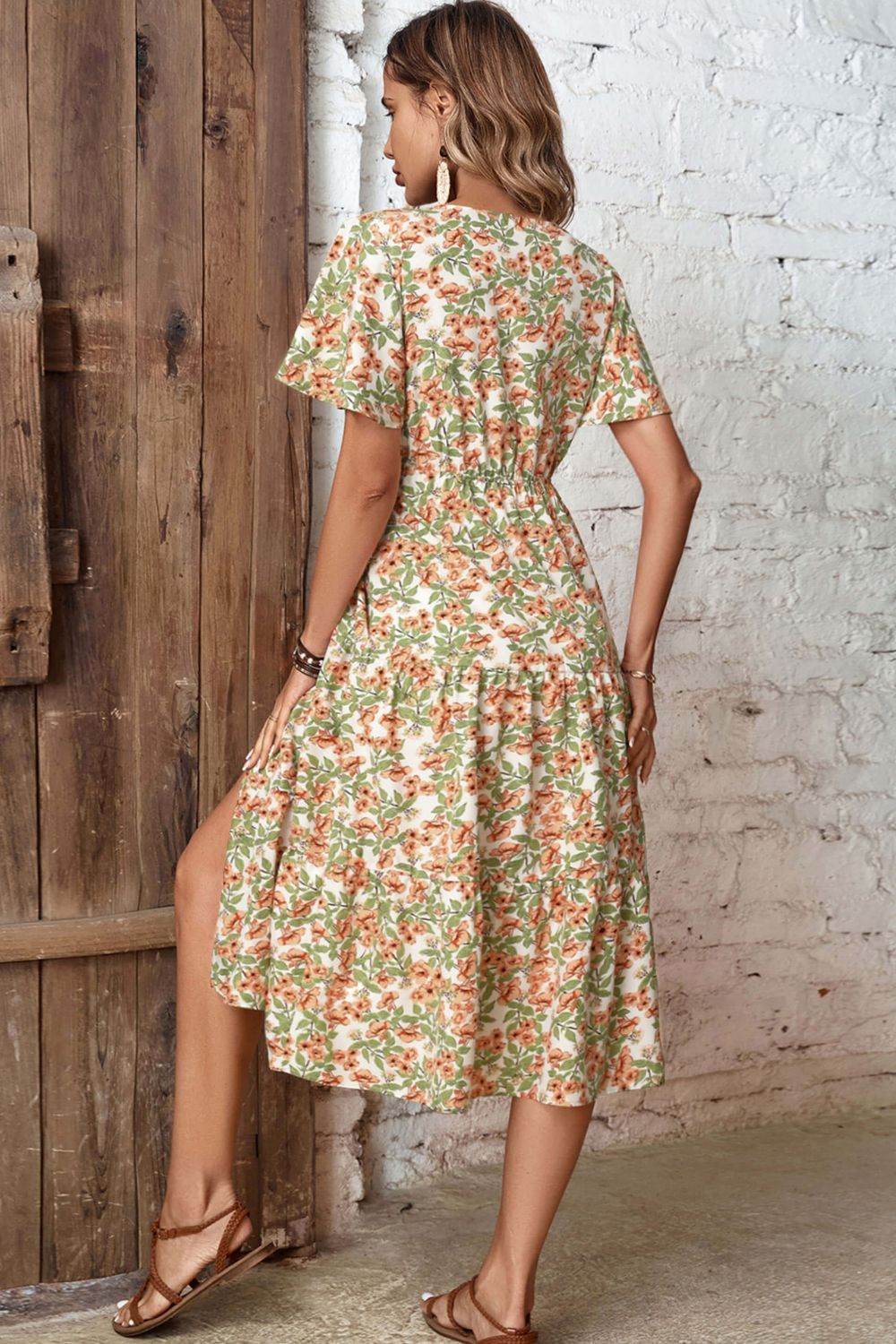 Perfee Floral V-Neck Front Slit Dress Trendsi 9b43b857923945c78e37a6a02d7dcf24-Max