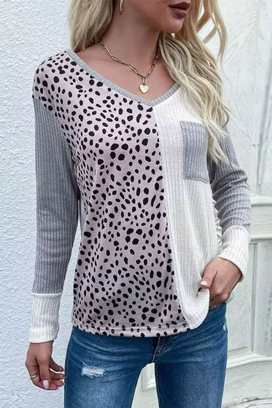 Color Block V-Neck Ribbed Top with Pocket Charcoal Trendsi 9b4f374549e144a683e0fbed523565b2-Max