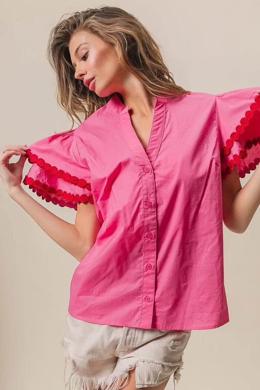 BiBi Dot Trim Flutter Sleeve Notched Top Trendsi 9b81b5ab96af457fac048f80bce0ef6d-Max-Origin