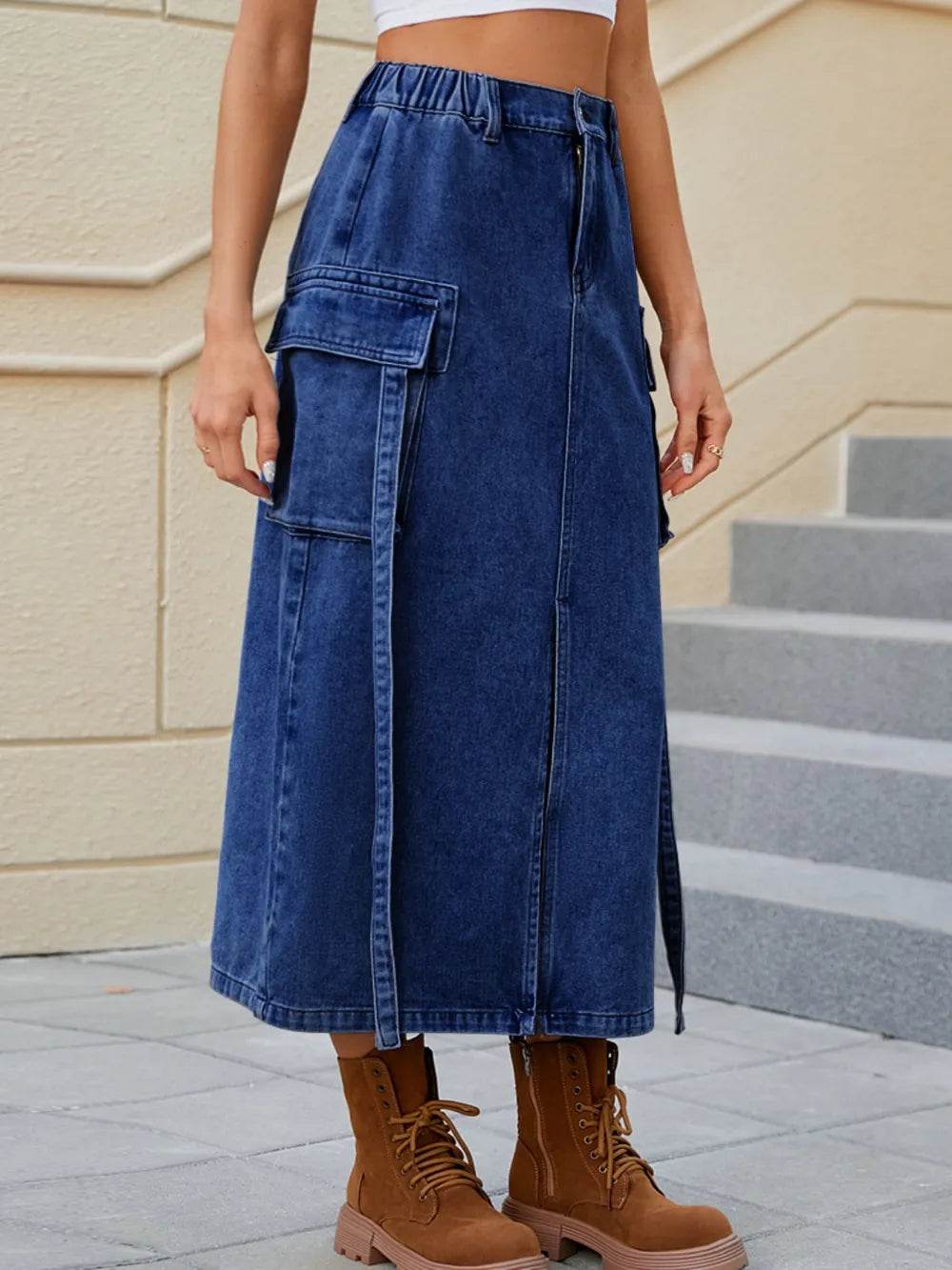 Slit Pocketed High Waist Denim Skirt Trendsi 9bc67d5c-fcf4-4b4c-bef6-d768237bddf6-Max