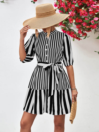 Striped Half Sleeve Tie Waist Mini Dress Trendsi 9bc98910ec824bd2bc1e4a1f9c4e58a3-Max