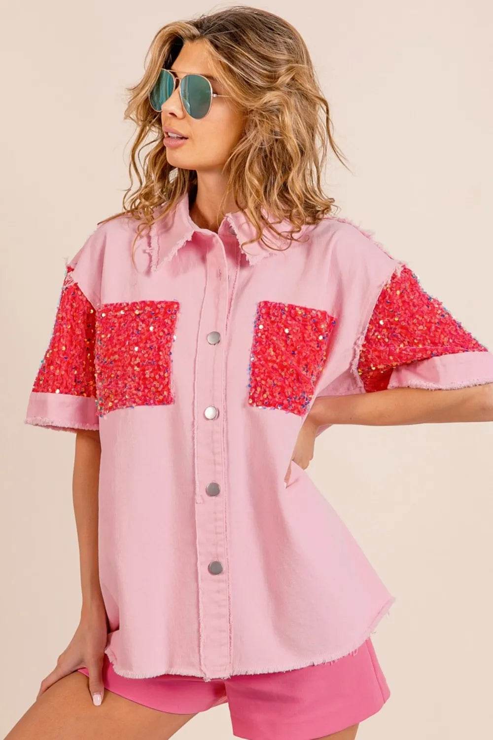 BiBi Sequin Detail Raw Hem Short Sleeve Shirt Trendsi 9bdfffe4-b869-4535-ab6d-49dfa9068ffb-Max