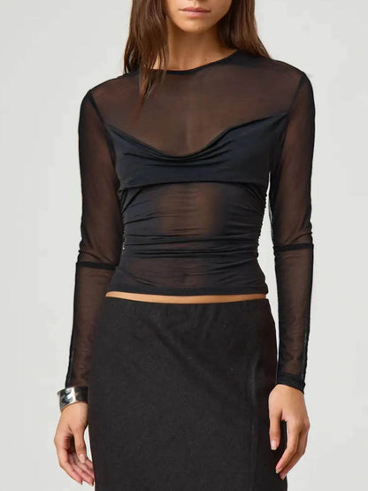 Ruched Mesh Long Sleeve Top Black Trendsi 9bfc716b-c5a5-417c-b2ca-7cbad263a66d-Max-Origin