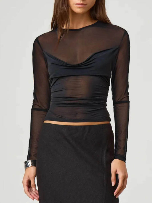 Ruched Mesh Long Sleeve Top Black Trendsi 9bfc716b-c5a5-417c-b2ca-7cbad263a66d-Max-Origin