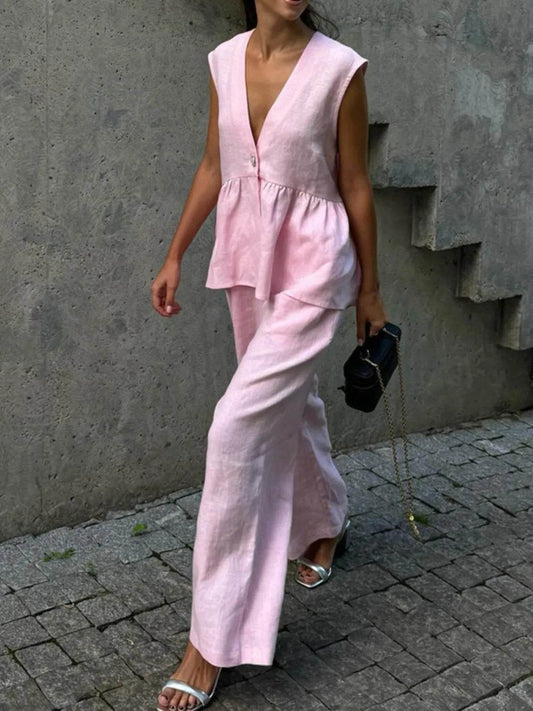 V-Neck Vest and Pants Set Pink Trendsi 9c1b89b948f244919c8f23e625c951ba-Max-Origin