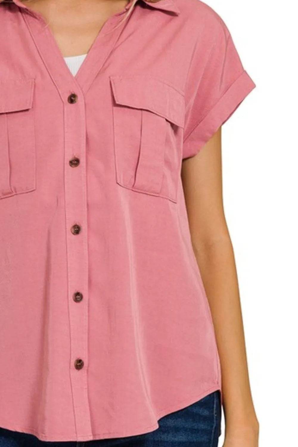 Zenana Tencel V-neck Collared Top W Front Flap Pockets Trendsi 9c585334-91ed-4655-a11c-004488884c7f-Max-Origin