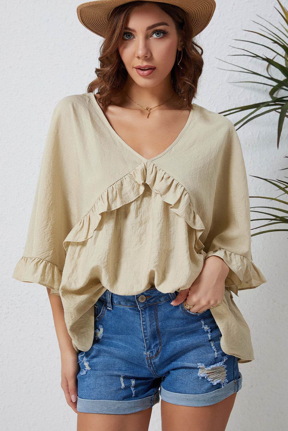 Ruffled V-Neck Half Sleeve Blouse Trendsi 9c5c49aaad7c485388ade2bc52fdc606-Max