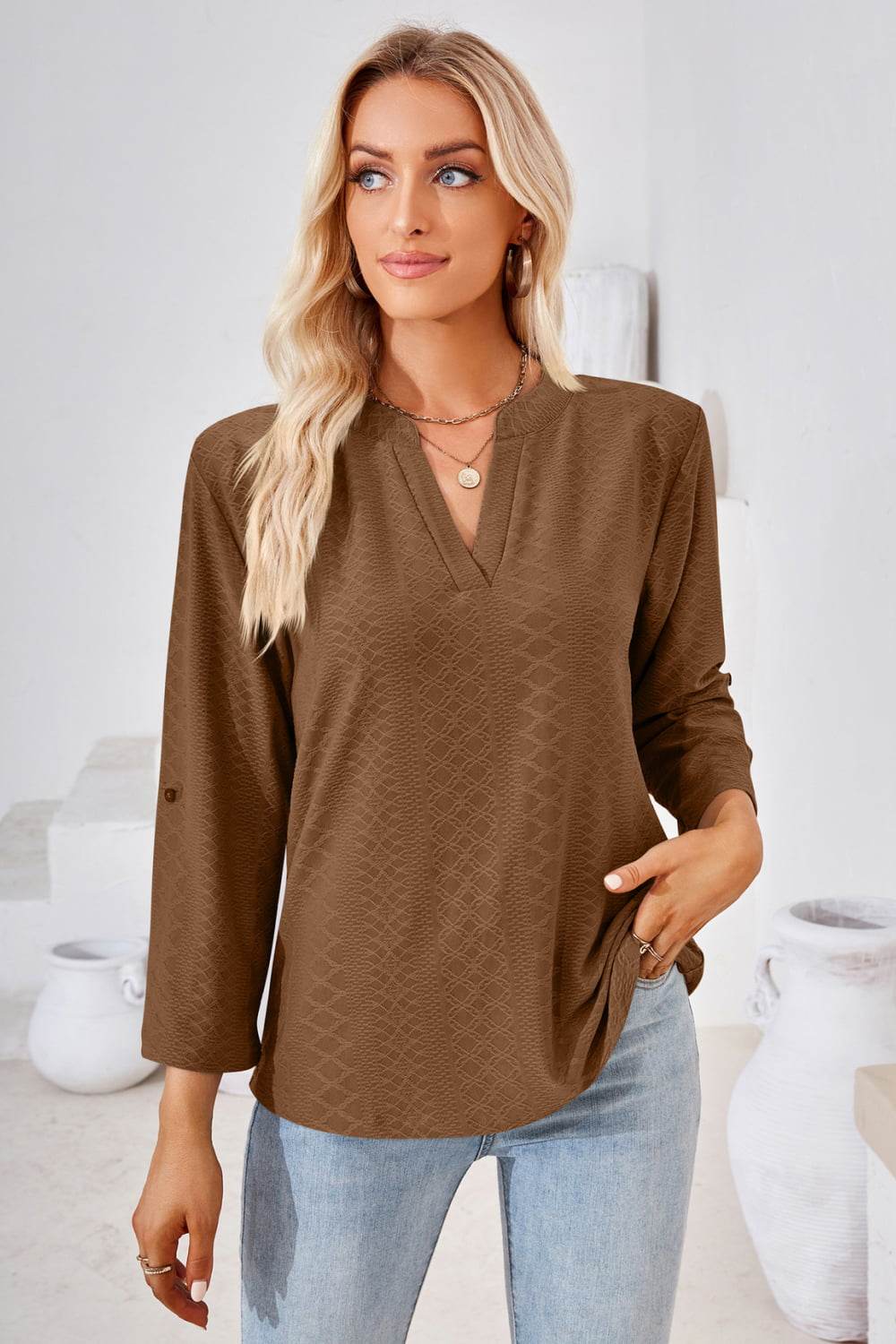 V-Neck Roll-Tap Sleeve Blouse Brown Trendsi 9c76c3819af949baa1d25ea22d667d72-Max