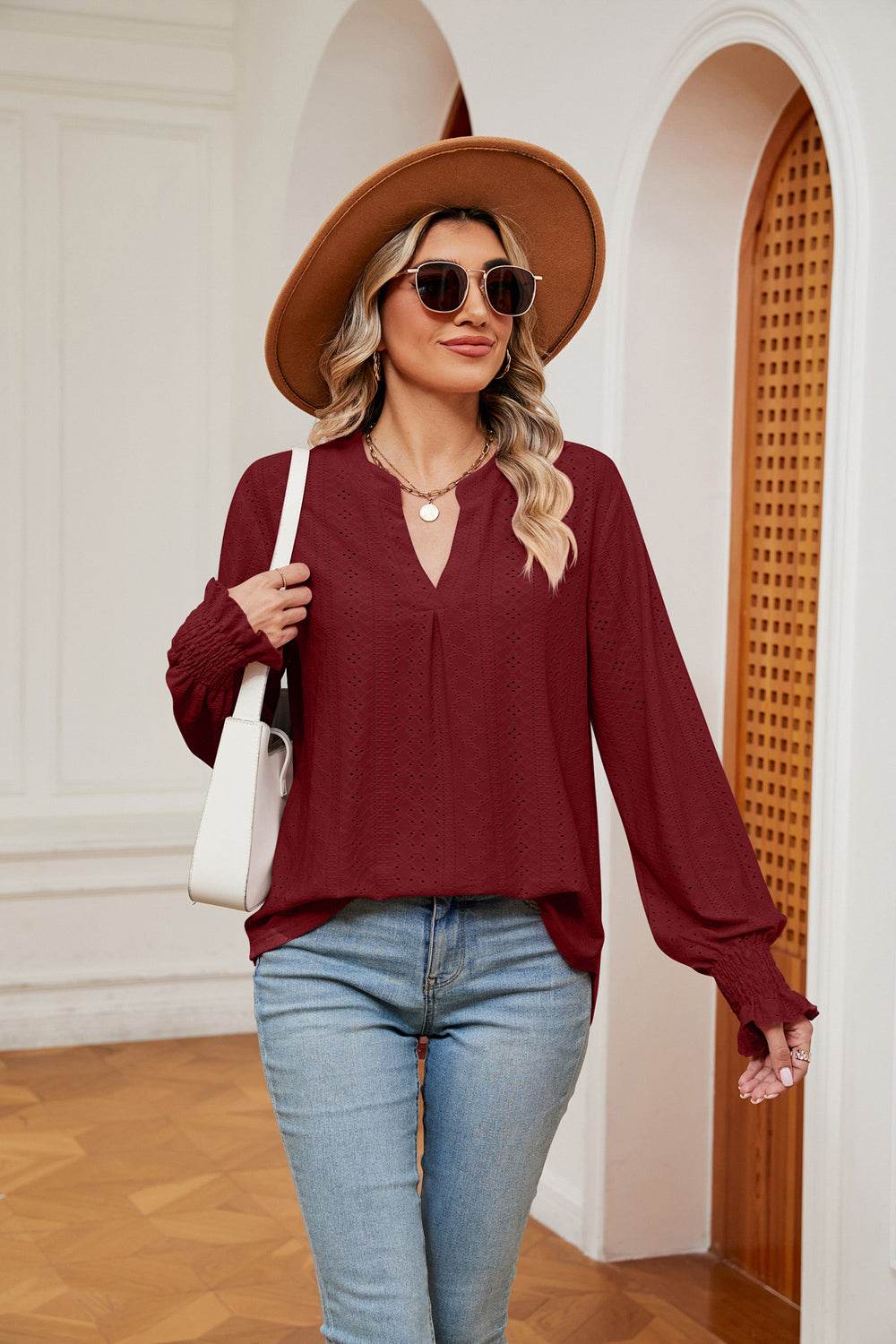 Notched Neck Flounce Sleeve Blouse Wine Trendsi 9c8d9b016d5049acb5865e8ec965db7d-Max