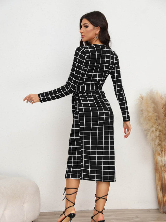 Plaid Long Sleeve Slit Dress Trendsi 9c999d05868941178db8e6ba54a61556-Max