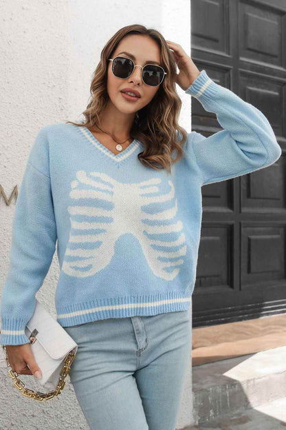 Skeleton Pattern V-Neck Long Sleeve Pullover Sweater Light Blue Trendsi 9c9e2c03446f48a7a64dea4be70188e9-Max