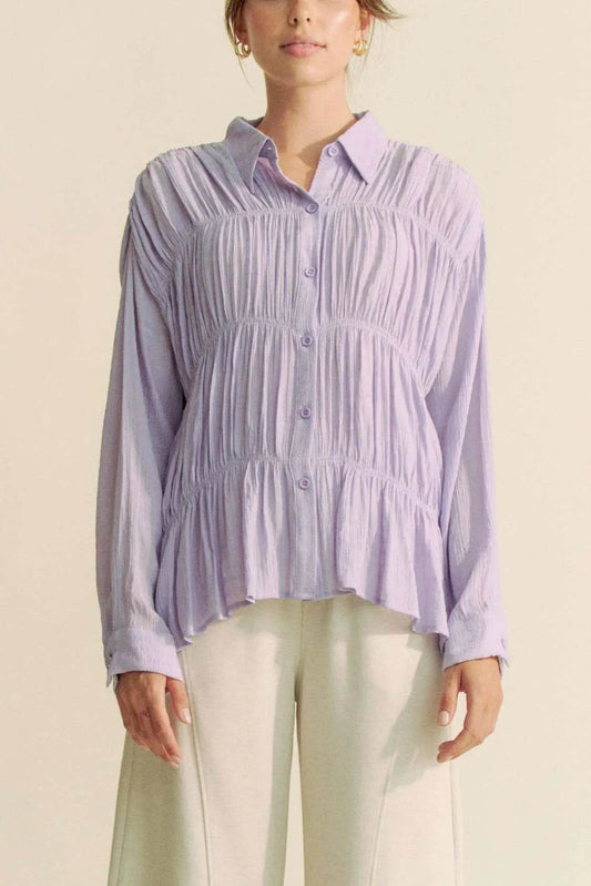 Davi & Dani Ruched All Over Button Front Shirt Trendsi 9cb2ea6ee3484c83b6562a9d9f05b7e7-Max-Origin