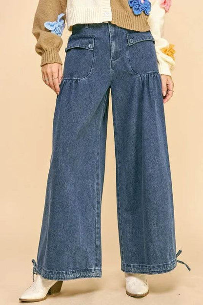 Davi & Dani Drawstring Hem Wide Leg Mid Rise Jeans Trendsi 9ce52ba6-df9f-4b52-8ef3-da76031c8101-Max