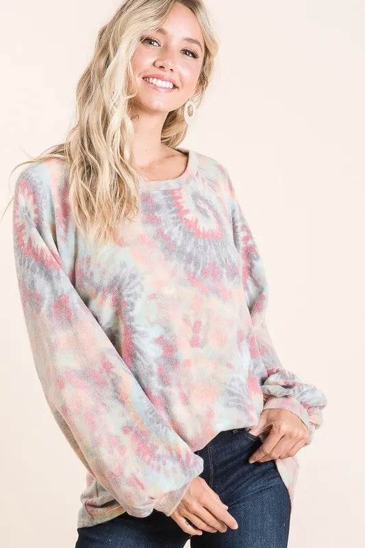 BiBi Brushed Tie Dye Print Top with Puff Sleeves Trendsi 9cef992f581b40639a950f45a60a001a-Max-Origin