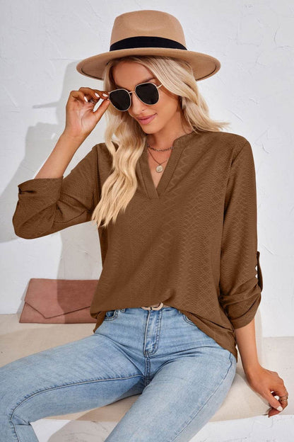 V-Neck Roll-Tap Sleeve Blouse Trendsi 9d0a16e8ba444b73ae20dcac8fce43c1-Max