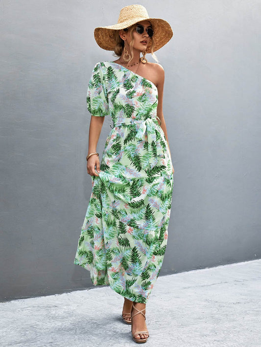 Printed Tie Waist One Shoulder Maxi Dress Light Green Trendsi 9d1405238fbd46f7bc0df2313f785f26-Max