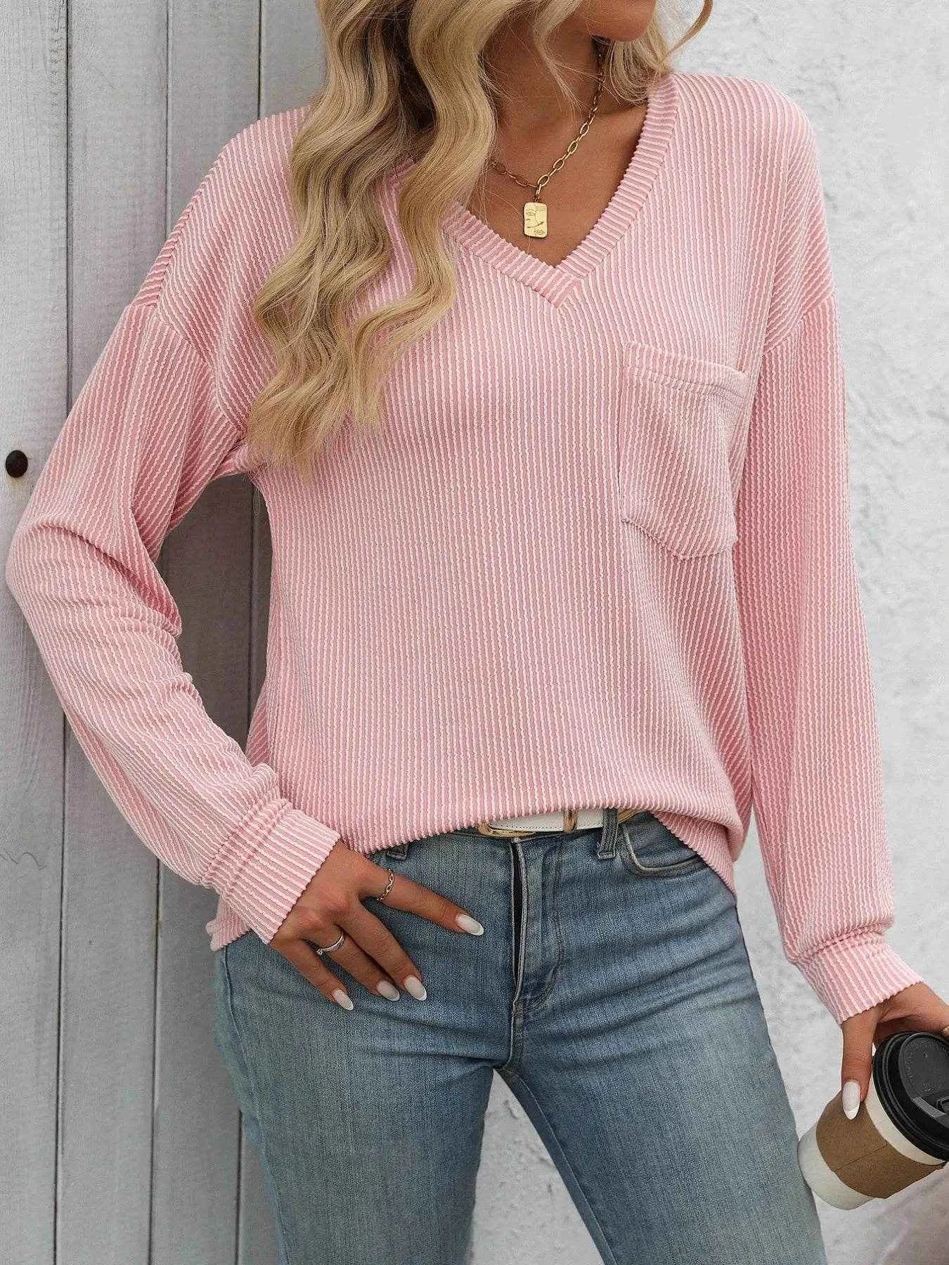 Ribbed V-Neck Long Sleeve T-Shirt Trendsi 9d1cbf92-7742-4b7b-97f3-c197bf68d920-Max-Origin
