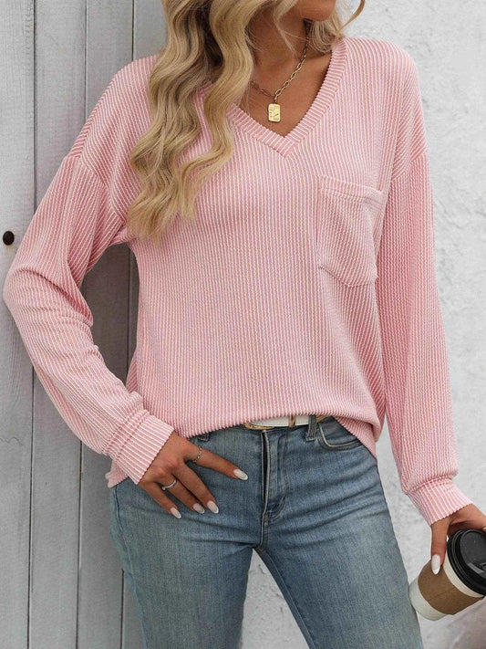 Ribbed V-Neck Long Sleeve T-Shirt Trendsi 9d1cbf92-7742-4b7b-97f3-c197bf68d920-Max-Origin