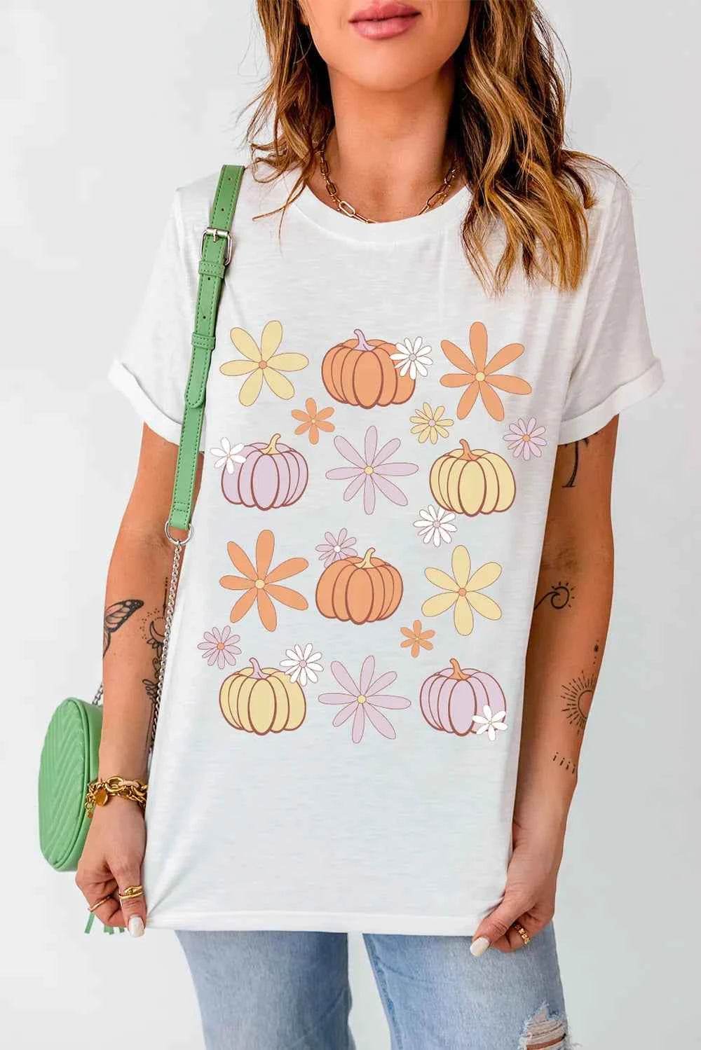 Pumpkin & Flower Round Neck Short Sleeve T-Shirt White Trendsi 9d2cc5da-b193-4f3b-b75d-d9d3cc168236-Max