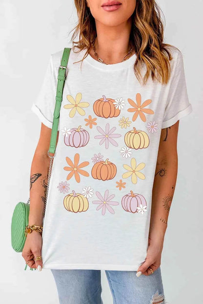 Pumpkin & Flower Round Neck Short Sleeve T-Shirt White Trendsi 9d2cc5da-b193-4f3b-b75d-d9d3cc168236-Max